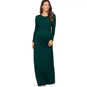 Forest Green Twisted Waist Long Sleeve Maternity Dress Women Modal Pregnancy Nightgown