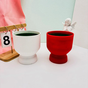 Pot de fleurs romain en plastique à rayures verticales, flocqué, style nordique, pour plantes artificielles de bureau, décoration de salon - Product Image 1