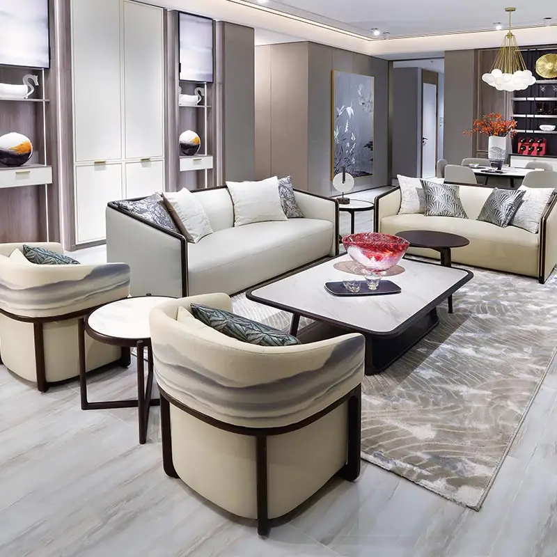 OPPEIN Luxury Living Room Genuine Leather Sofa Chair Set Furniture