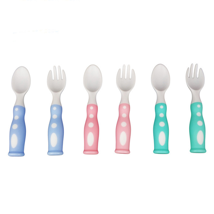 newest Scientific design safety health baby spoon fork set PP factory custom 3 color available set package