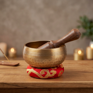 Bol chantant en laiton fait main avec marteau en bois et coussin décoratif Om, bol sonore tibétain pour la méditation et le yoga - Product Image 6