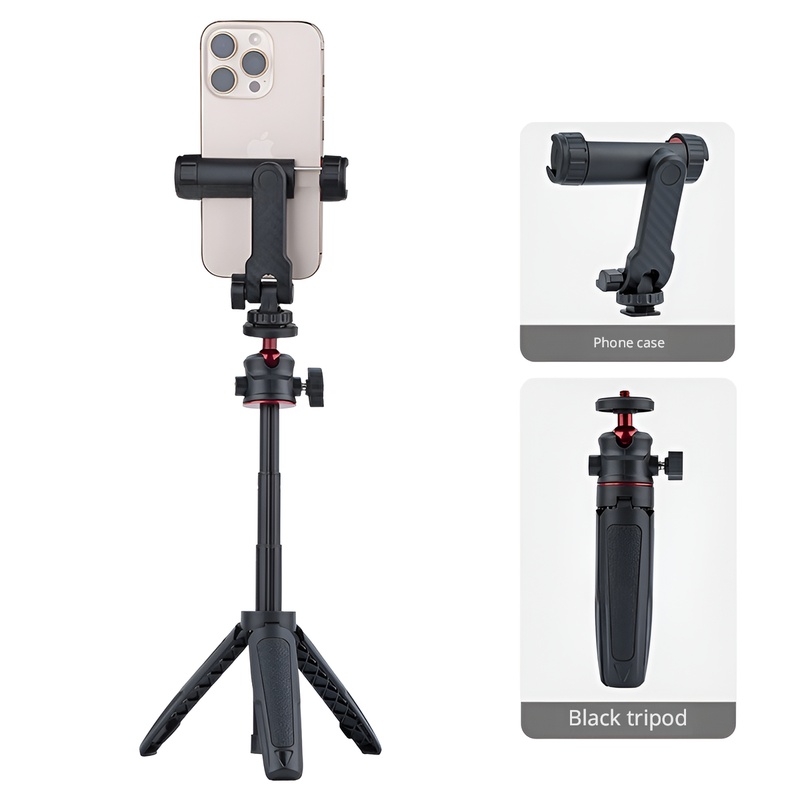 Trépied à tige extensible noir-rouge + support de téléphone