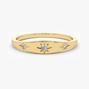 VLOVE Jewelry Fresh and Cute Girl Series 14K Gold Star Setting 3 Diamond Stacking Ring