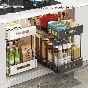 Ultra Deep Double Tier Pull-Out <strong>Storage</strong> Rack Modern Standing Type <strong>Kitchen</strong> Cabinet Basket Layered Shelf Home Spice <strong>Sink</strong> <strong>Storage</strong> - Product Image 2