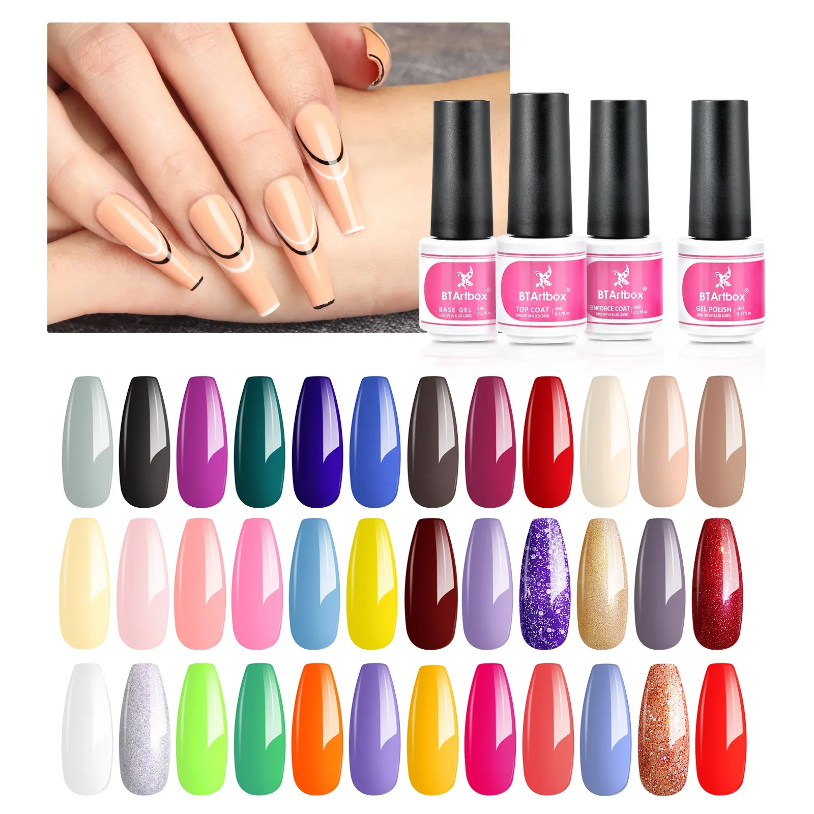 Gel Polish Rainbow Nude Neon Glitter 36 Colors Gel with Gel Top Coat Base Coat and Nail Strengthener for Nail Art Salon or DIY