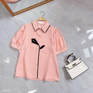 Women Short-Sleeve <b>Shirt</b> with Black Lily Applique <b>Office</b> Casual Solid Top Modal Material Regular Work Occasion - Product Image 5
