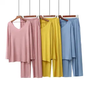 Piyama Modal Wanita Baru 2022 T Shirt Kerah V Celana Baju Tidur Katun Lengan Panjang Baju Celana Tidur Setelan Pakaian Tidur Loungewear