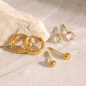 Minimalist Gold Plated Hoop Earrings With Zircon <b>Studs</b> And Ball <b>Studs</b> For Everyday Wear - Product Image 3