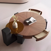 Table basse ronde en bois massif italienne, table de salon nordique avec rangement, style rétro pour un salon moderne