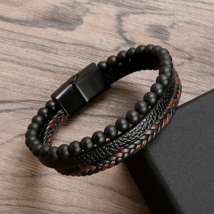 Cross Border gesper <span class=keywords><strong>Magnet</strong></span> Obsidian untuk pria, gelang manik-manik anyaman banyak lapisan kulit - Product Image 3