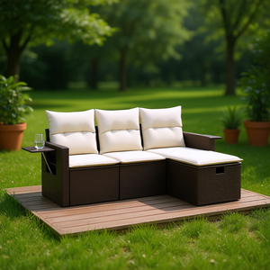 Ensemble de canapés de jardin en rotin blanc crème brun, mobilier d'extérieur avec rangement et coussins, design contemporain - Product Image 2