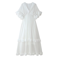 Robe longue décontractée pour femme, col en V, manches à volants, été 2026, noir et blanc