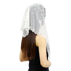 Katolik kilisesi kadınlar için Mantilla peçe İspanyol Mantilla beyaz dantel nakış üçgen başörtüsü başörtüsü