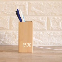 Porte-crayons créatif multifonctionnel pour enfants Horloges LED Porte-stylo Réveil de bureau en bois pour étudiants