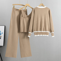 Ensemble de vêtements pour femmes, cardigan en tricot, pantalon, couleur unie, décontracté, longueur entière, polyester, coton, col en V, tenue trois pièces