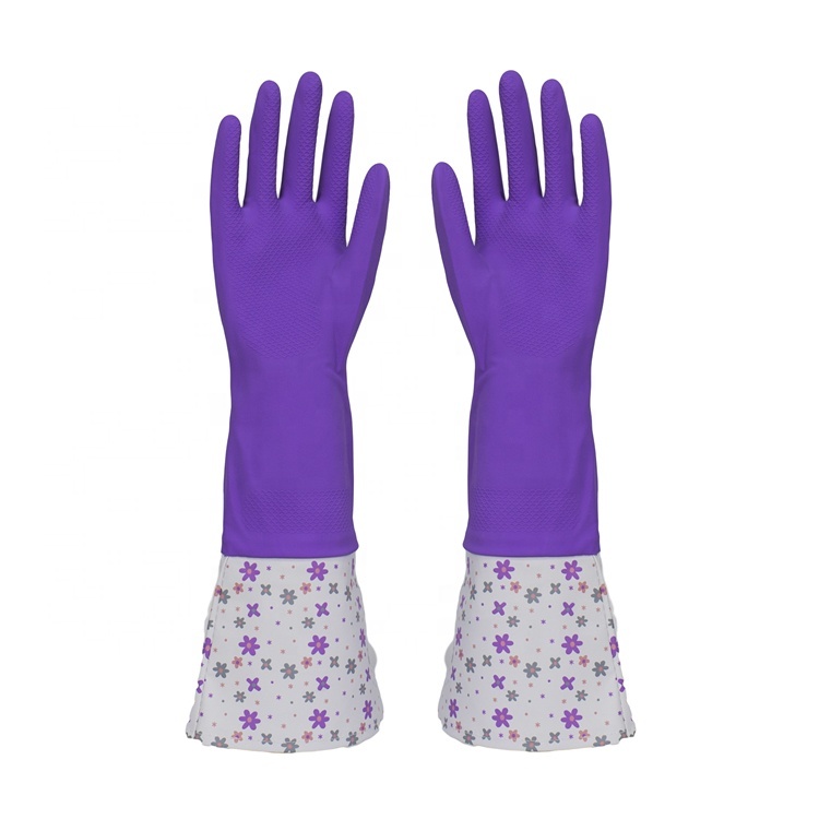 Durable adapté aux besoins du client À Manches Longues Gants En Caoutchouc Latex Orange Vaporisateur Floqué Gant de Ménage