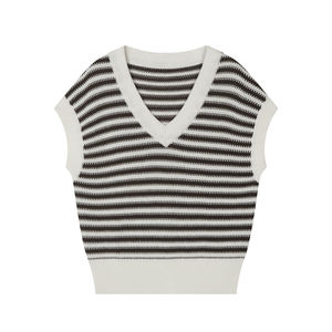 Fabricant de pulls sans manches en maille jacquard à rayures bretonnes, col en V, en mélange de lin et de lyocell, pour femmes, sur mesure OEM/ODM - Product Image 2