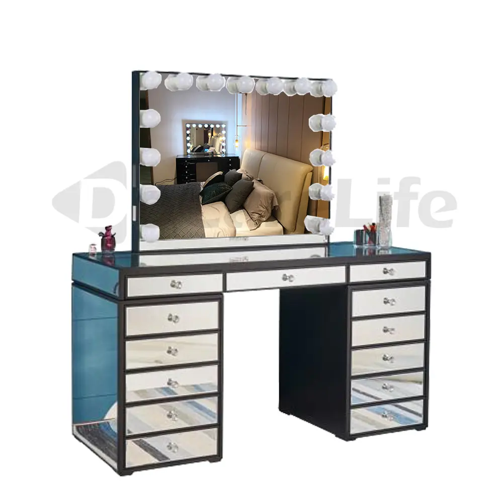 Docarelife Modern Girls Hollywood Furniture Lighted Vanity Mirror Dressing Table Bedroom Makeup Dressers
