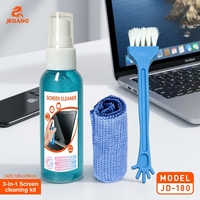 JEQANG JD-180 Kit de Nettoyage d'Écran Transparent 3-en-1 avec Spray, Liquide Anti-bactérien et Anti-statique, Brosse pour Interstices et Chiffon en Microfibre pour Écrans LCD