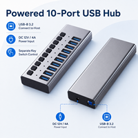 10 Portlu USB 3.2 Hub Alüminyum, VL822 Çip, 10Gbps Yüksek Hız, 10x USB-A, Bireysel Anahtarlı, 12V Güç, HS070M3