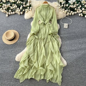 Robe élégante et romantique à manches longues, ourlet à volants, ceinture nouée à la taille, de qualité supérieure, pour femmes, automne-hiver - Product Image 2