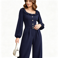 Mono elegante personalizado OEM para mujer con volantes, cuello cuadrado, manga farol, cinturón y pierna ancha, ideal para oficina, negocios, uso diario o fiestas.