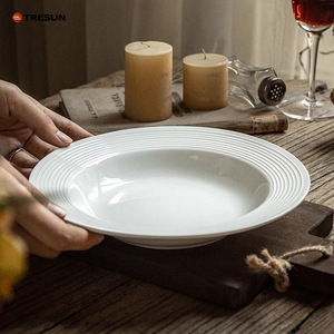 Factory Customized Elegant Embossed Round Shape Large Rim Porcelain Dinner <b>Plates</b> for Western Restaurant <b>Ceramic</b> Soup <b>Plate</b> - Product Image 1