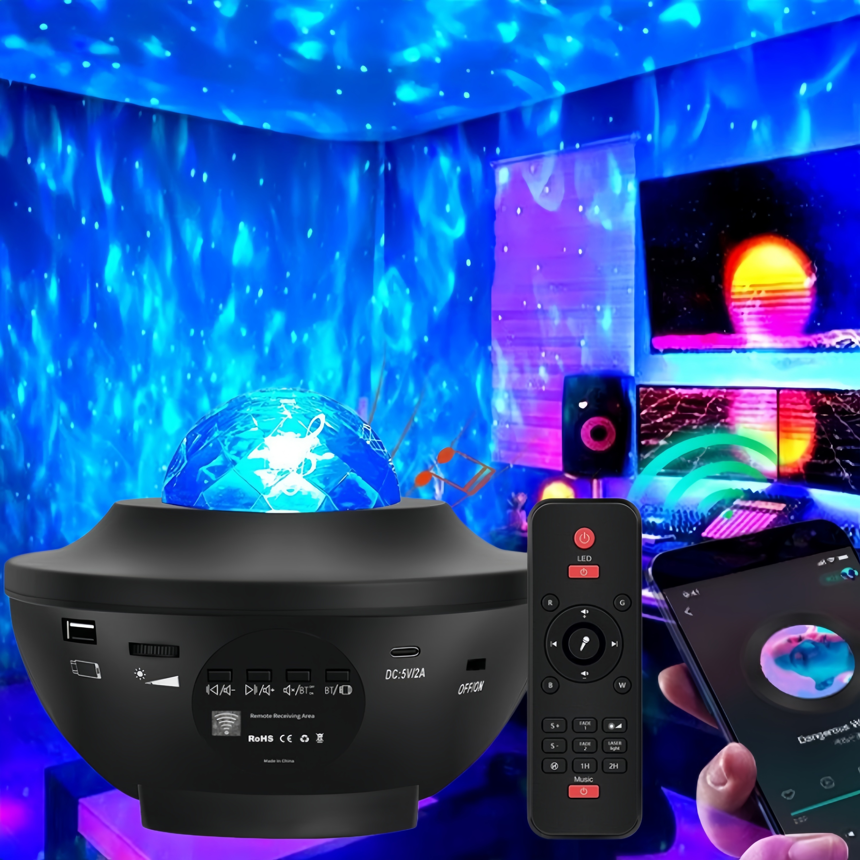 RGB Remote Control Music Party Ambient Light, Water Ripple Starry Sky Rotating Projection Light, Can Connect to Mobile Phone