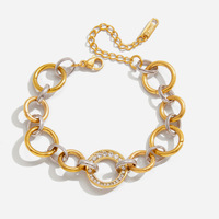 Bracelet à anneaux entrelacés avec maillons en or et argent et cristaux, plaqué or 18 carats, en acier inoxydable, étanche