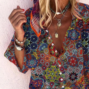 Women's 3D Printed Geometric Pattern Shirt Long Sleeve V Neck Holiday <b>Blouse</b> Summer Casual Top With Stand Collar Style - Product Image 3