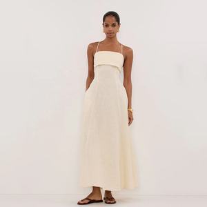 Women's Bohemian Summer Natural <b>Linen</b> <b>Dress</b> French Vacation Style Sleeveless Waist Cinched Tie Long <b>A</b>-<b>Line</b> Backless Cami <b>Dress</b> - Product Image 1