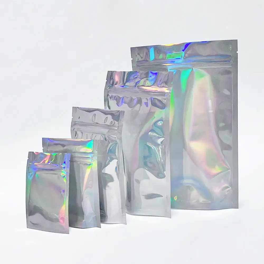Impresión personalizada de plástico resellable de papel de aluminio mylar ziplock embalaje bolsa holográfica