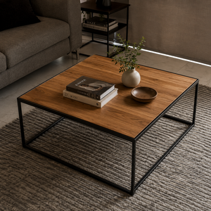 Mesa de Centro de Madera Maciza de Estilo Industrial con Estructura de Acero Negro, Mesa de Centro Contemporánea para Interiores Residenciales Elegantes - Product Image 6