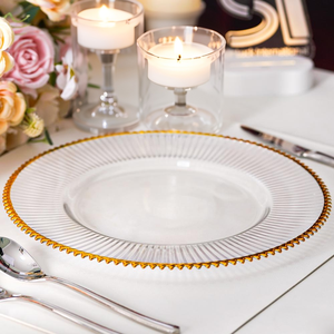 Piring Sajian Kaca Berwarna Transparan dengan Pinggiran Bergaris dan Teknik Enamel Berwarna untuk Acara Pernikahan - Product Image 5