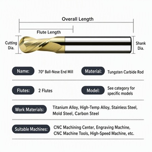 Fresa de extremo esférico de 2 filos HRC70 con recubrimiento de oro macizo, perfil R, para mecanizado de titanio y acero inoxidable - Product Image 3