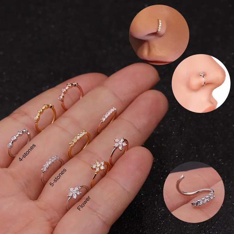 2021 Dainty Inlay Zircon Flower Nasenring Hypo allergener Body Piercing Schmuck Indische Nasen manschette für Frauen