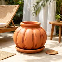 Pot de fleurs décoratif en résine en forme de citrouille, fait main et peint à la main, finition terre cuite, avec soucoupe assortie, pour jardin et terrasse extérieurs