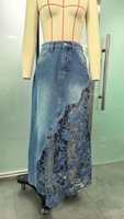 Jupe longue en jean taille haute à patchwork floral en dentelle pour femme, style bohème, coupe trapèze, chic, streetwear, vente en gros de vêtements