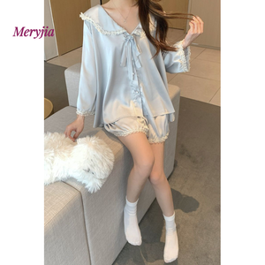 高品质批发丝滑半袖短裤家居服套装女孩睡衣皇家优雅女式夏季睡衣 - Product Image 2