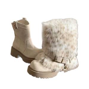 حذاء برقبة شتوي نسائي نهائي للثلج منتصف الساق من الفرو الصناعي غير رسمي حذاء تزلج مطاطي مسطح مقاوم للماء بتصميم الخريف - Product Image 1