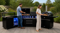 Îlot de cuisine extérieure avec barbecue, four à pizza, grill en acier inoxydable noir