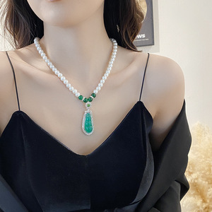 Green Chalcedony Pearl Necklace Water Drop Pendant Bezel Setting Daily Wear Gift Sweater Chain - Product Image 1