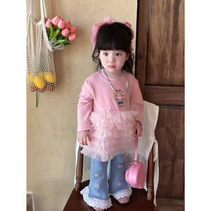 Girls Cotton Two Piece Set Pink Top With Tulle Skirt And Jeans Spring Outfit For Toddler Fashion Clothes - Product Image 3