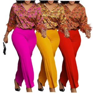 Printed Patchwork Three Quarter Sleeve Shirt Elegant Wide Leg <b>Pants</b> Women's 2 Piece Set Fashion - Product Image 1