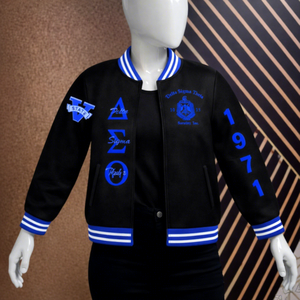 Delta |   Sigma |   Chaqueta de béisbol Theta Sorority para mujer, ropa exterior negra y azul real, chaqueta DST Sorority con diseño de logotipo personalizado - Product Image 1