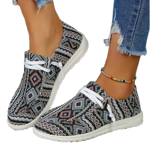 Baskets basses légères en toile pour femmes, motif géométrique, lacets, chaussures décontractées pour toutes les saisons, printemps, été, automne, hiver - Product Image 1