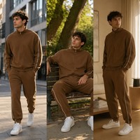 Ensemble de survêtement rétro pour homme en piqué marron avec fermeture éclair intégrale, col montant et passepoil blanc, deux pièces