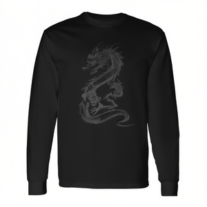 T-shirt à manches longues avec calligraphie de dragon chinois, design Yin Yang, noir - Product Image 2