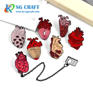 Wholesale Custom Goth Lapel Pin Badge Metal Medical Anatomy Neurology Anatomical Heart Enamel Pin With Chain