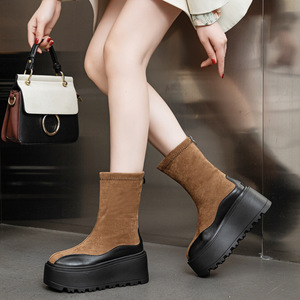 Bottes en <span class=keywords><strong>cuir</strong></span> vintage pour femmes, style simple et élégant, à semelle épaisse, rehaussantes, mi-<span class=keywords><strong>mollet</strong></span> - Product Image 4